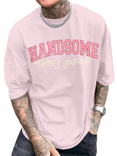 SOLY HUX Men's Letter Graphic Tees Half Sleeve Drop Shoulder Casual T Shirt Tops Light Pink Letter Small