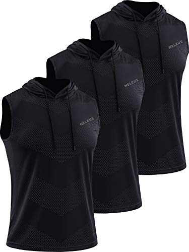 NELEUS Men's Workout Tank Tops Sleeveless Running Shirts with Hoodie,5098,3 Pack,Black/Black/Black,S