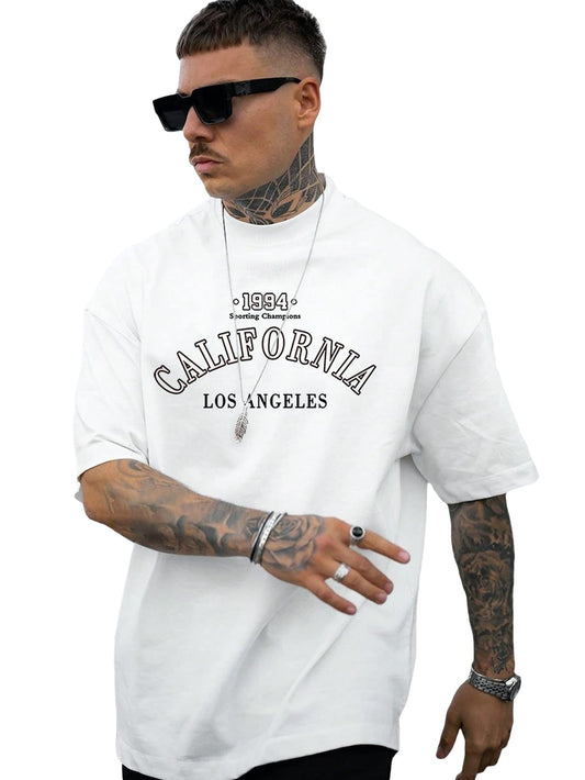 GORGLITTER Men's Crewneck T Shirt Letter Graphic Short Sleeve Casual Drop Shoulder Oversized Tee White Large