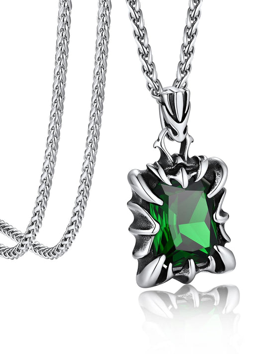 Bandmax Green Stone Necklace for Women Men Stainless Steel Gothic Punk Rock Dragon Claw Pendant Necklace May Birthstone Emerald Pendant Necklace Goth Witch Pegan Jewelry