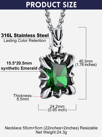 Bandmax Green Stone Necklace for Women Men Stainless Steel Gothic Punk Rock Dragon Claw Pendant Necklace May Birthstone Emerald Pendant Necklace Goth Witch Pegan Jewelry