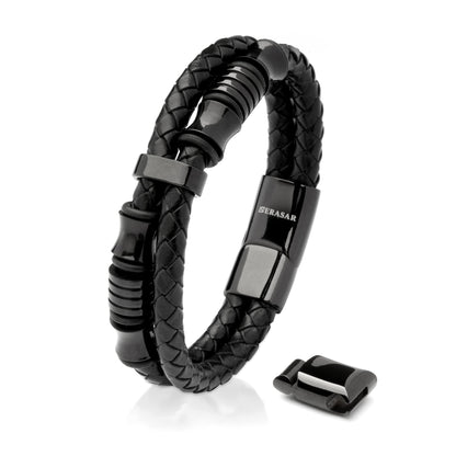 SERASAR 8″ Black Leather Bracelets for Men - Mens Bracelets Cowhide Gift-Box Braided Bracelet Stainless Steel Jewelry Wrist-Band Cuff Wrap Rope Bangle Dad Man Pulseras para Hombres Cuero Regalo