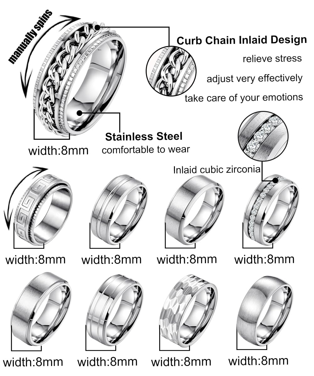 LOAYHOAY 9Pcs 8MM Stainless Steel Band Rings for Men Women Chain Rings Simple Brushed Wedding Engagement Rings Set 7-13 Silver Size8