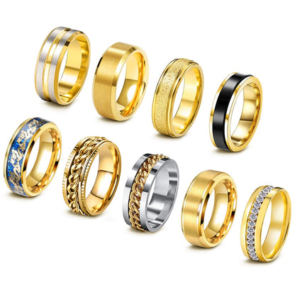 EIELO 9Pcs Stainless Steel Band Rings for Men Women Cool Fidget Spinning Chain Ring Anxiety Relief Fashion Simple Wedding Engagement Gold Ring Set