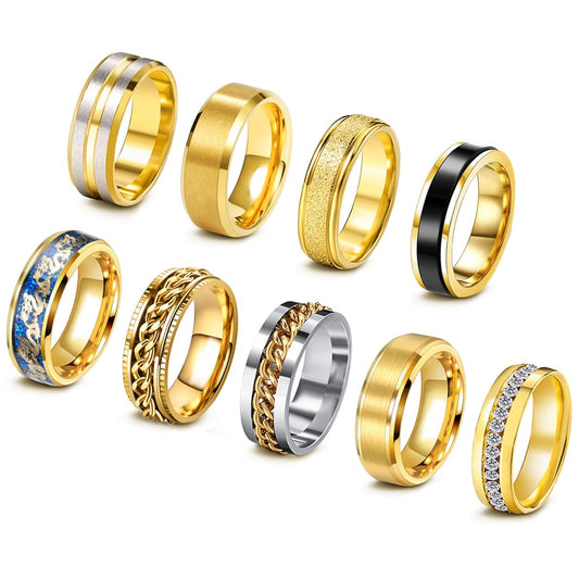 EIELO 9Pcs Stainless Steel Band Rings for Men Women Cool Fidget Spinning Chain Ring Anxiety Relief Fashion Simple Wedding Engagement Gold Ring Set