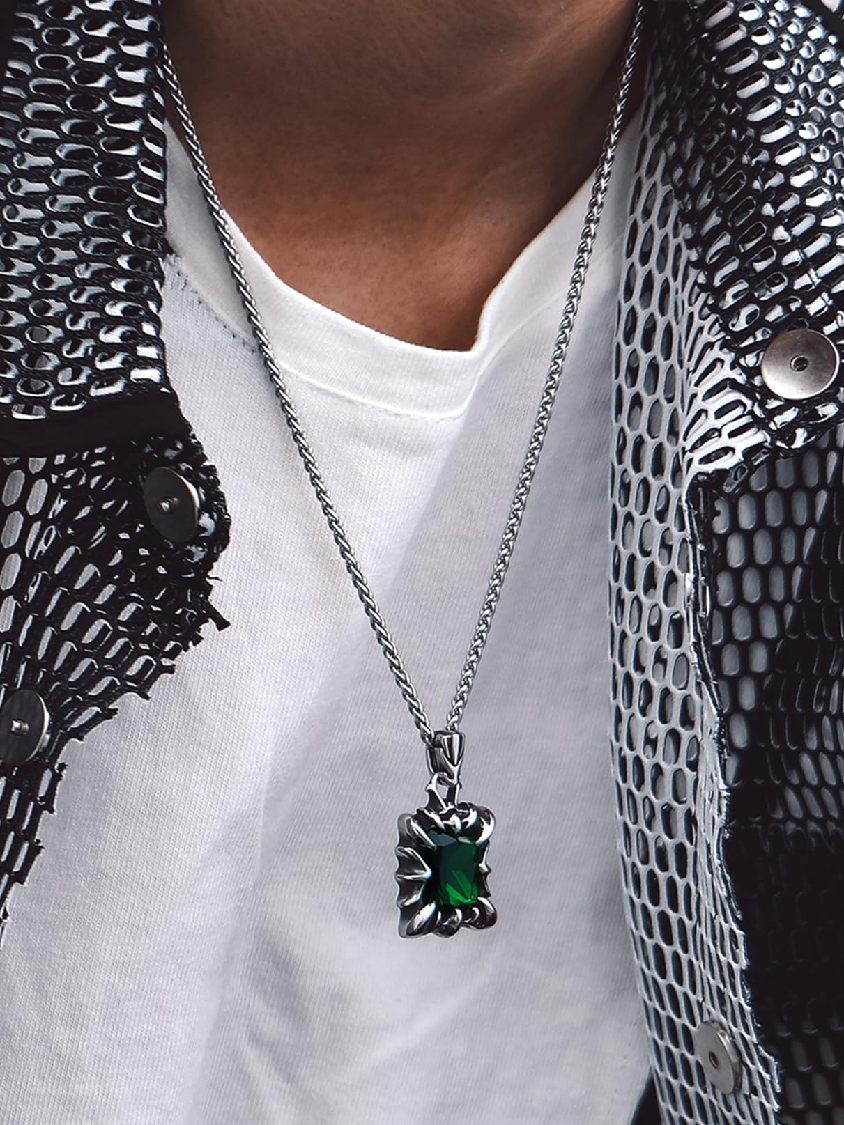 Bandmax Green Stone Necklace for Women Men Stainless Steel Gothic Punk Rock Dragon Claw Pendant Necklace May Birthstone Emerald Pendant Necklace Goth Witch Pegan Jewelry