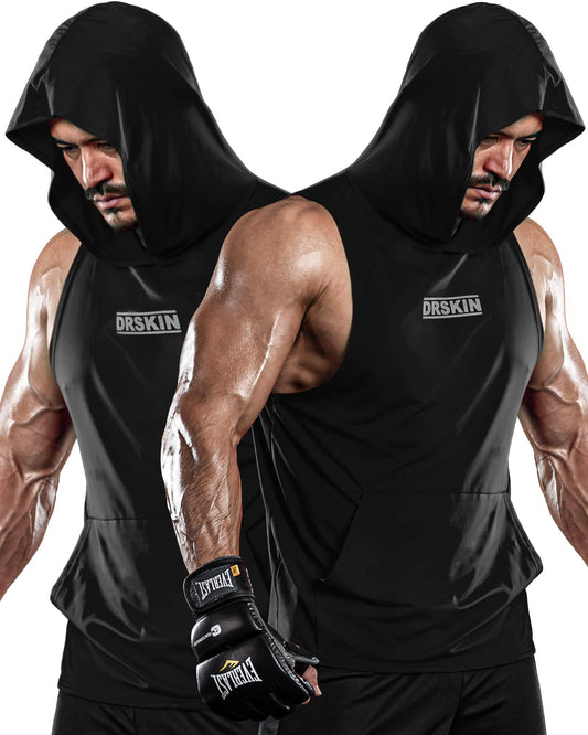 DRSKIN 2 Pack Men's Hooded Tank Tops Bodybuilding Muscle Cut Off T Shirt Sleeveless Gym Training Hoodies Workout Dry (T-Hood B01 2P, L)