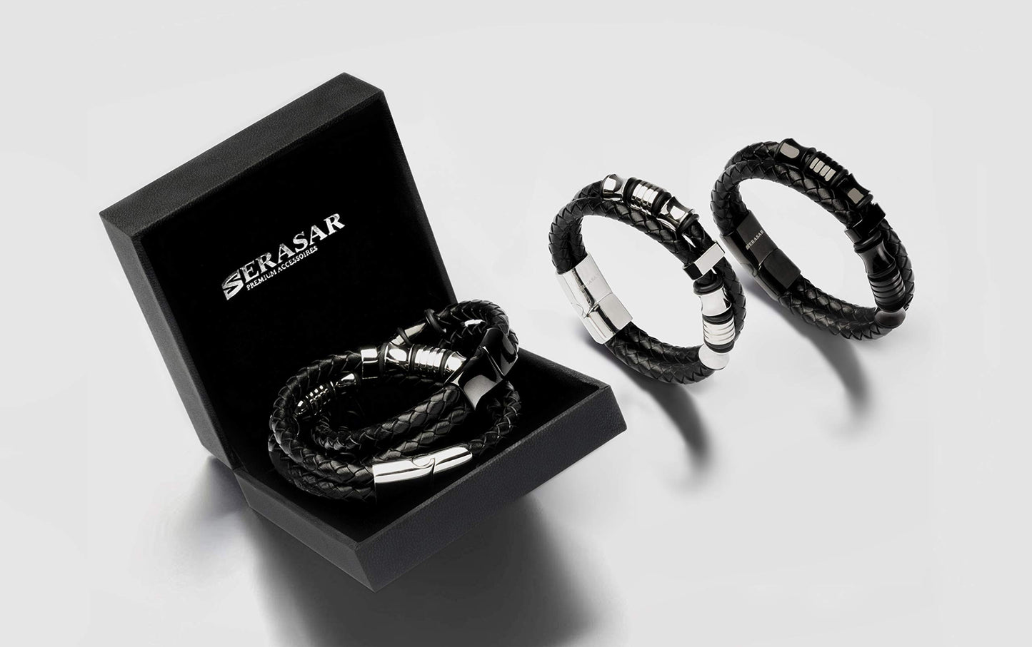 SERASAR 8″ Black Leather Bracelets for Men - Mens Bracelets Cowhide Gift-Box Braided Bracelet Stainless Steel Jewelry Wrist-Band Cuff Wrap Rope Bangle Dad Man Pulseras para Hombres Cuero Regalo