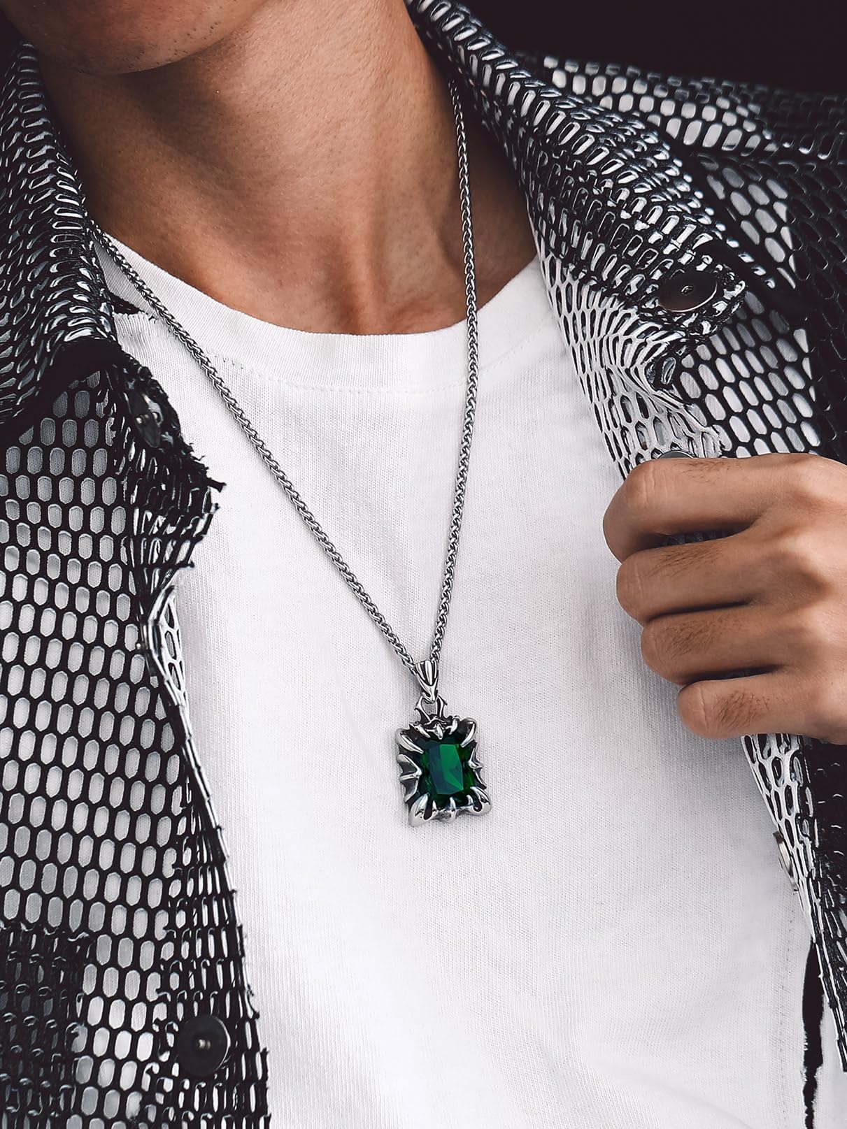 Bandmax Green Stone Necklace for Women Men Stainless Steel Gothic Punk Rock Dragon Claw Pendant Necklace May Birthstone Emerald Pendant Necklace Goth Witch Pegan Jewelry