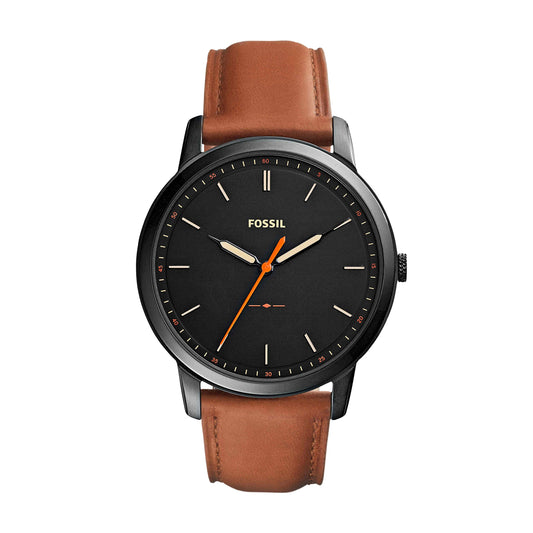 Fossil Men's Minimalist Quartz Stainless Steel and Leather Three-Hand Watch, Color: Black, Luggage (Model: FS5305)