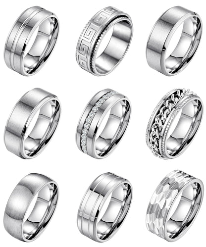 LOAYHOAY 9Pcs 8MM Stainless Steel Band Rings for Men Women Chain Rings Simple Brushed Wedding Engagement Rings Set 7-13 Silver Size8