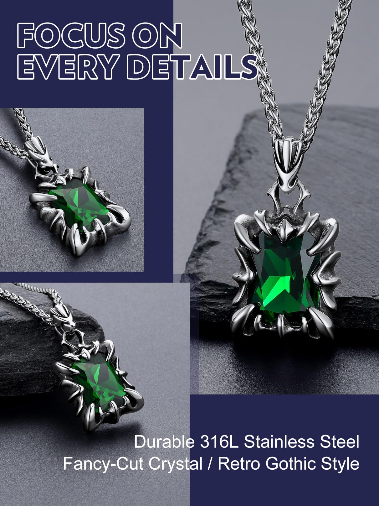 Bandmax Green Stone Necklace for Women Men Stainless Steel Gothic Punk Rock Dragon Claw Pendant Necklace May Birthstone Emerald Pendant Necklace Goth Witch Pegan Jewelry