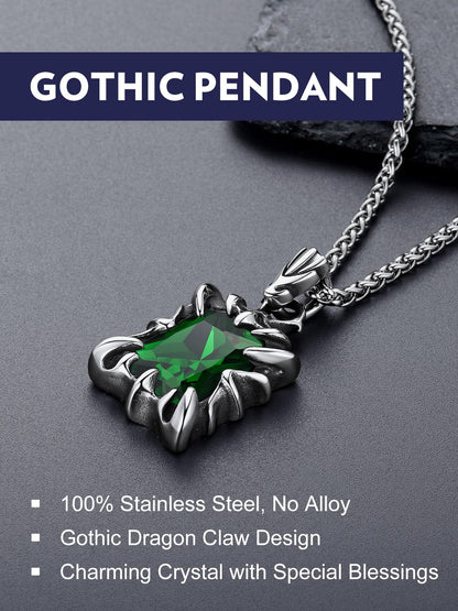 Bandmax Green Stone Necklace for Women Men Stainless Steel Gothic Punk Rock Dragon Claw Pendant Necklace May Birthstone Emerald Pendant Necklace Goth Witch Pegan Jewelry