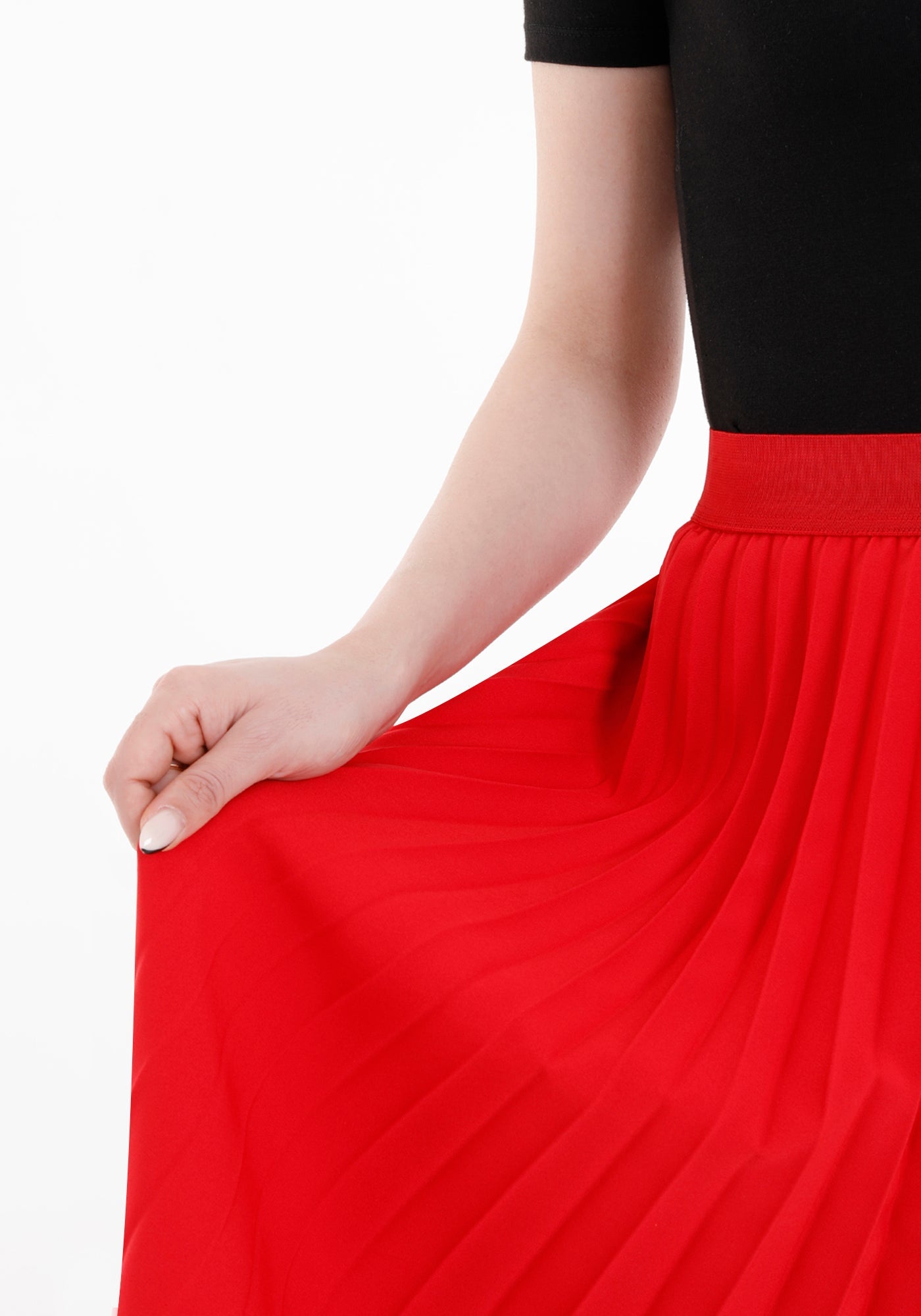 Classic Red Pleated Maxi Skirt with Elastic Waistband G-Line