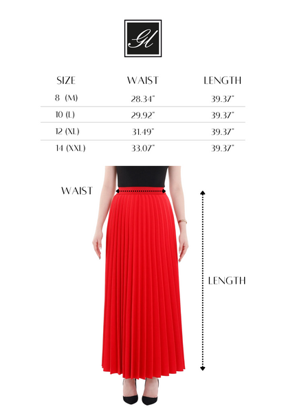 Red Pleated Maxi Skirt Elastic Waist Band Ankle Length Skirt G-Line