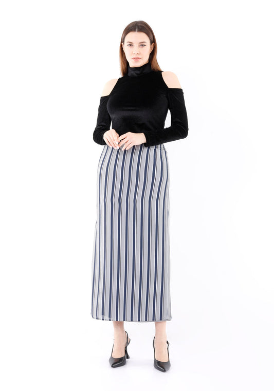 Guzella Women's Striped Grey Maxi Pencil Skirt with White Thin Plisse Slit Guzella