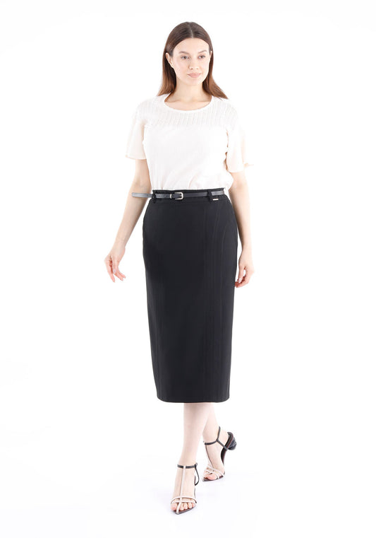 Classic Black High Waisted Midi Pencil Skirt with Belt Guzella