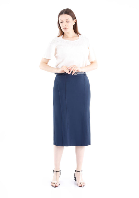 Guzella Women's Classic Navy High Waisted Midi Pencil Skirt with Belt Guzella