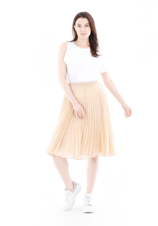 Camel Chiffon Midi Pleated Skirt with Elastic Waist Band Guzella