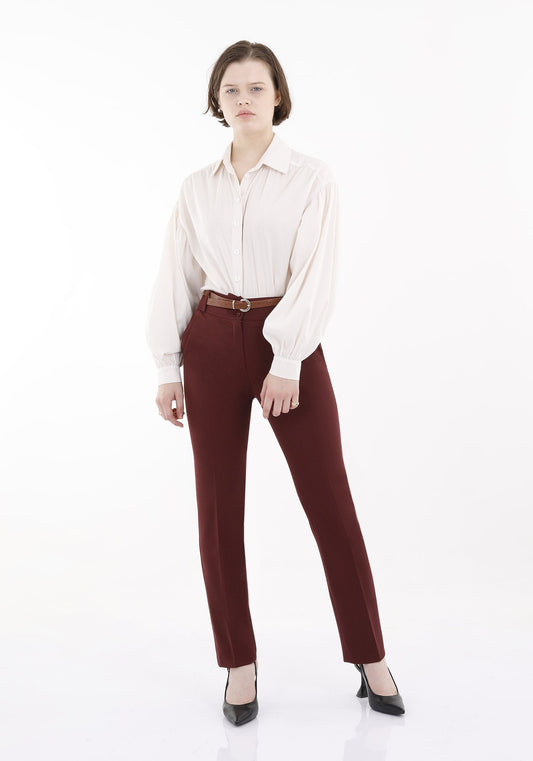 Burgundy Straight Leg Pants with Pockets and Belt Guzella