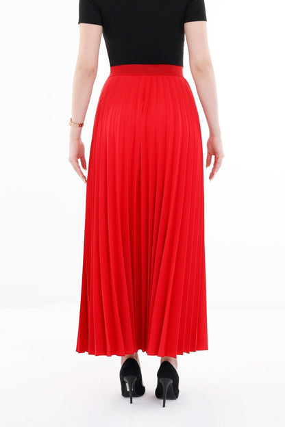 Red Pleated Maxi Skirt Elastic Waist Band Ankle Length Skirt G-Line