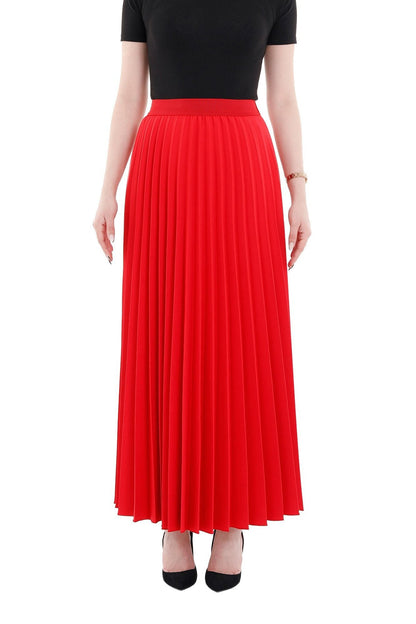 Red Pleated Maxi Skirt Elastic Waist Band Ankle Length Skirt G-Line