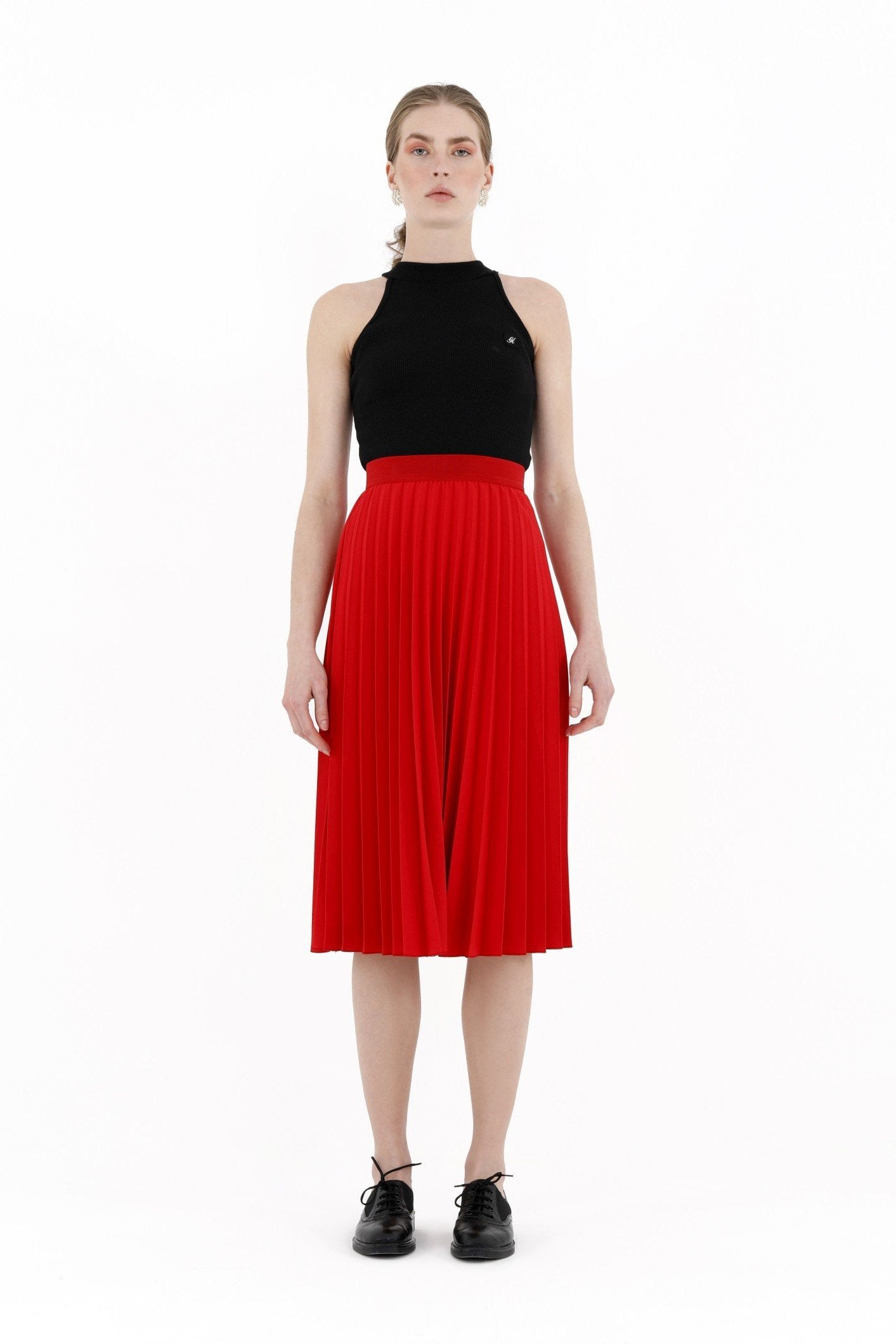 Red Pleated Skirt High Waist Elastic Waist Band Midi Skirt G-Line