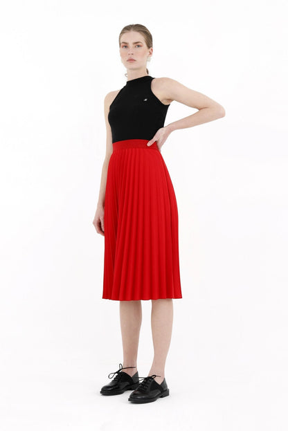 Red Pleated Skirt High Waist Elastic Waist Band Midi Skirt G-Line