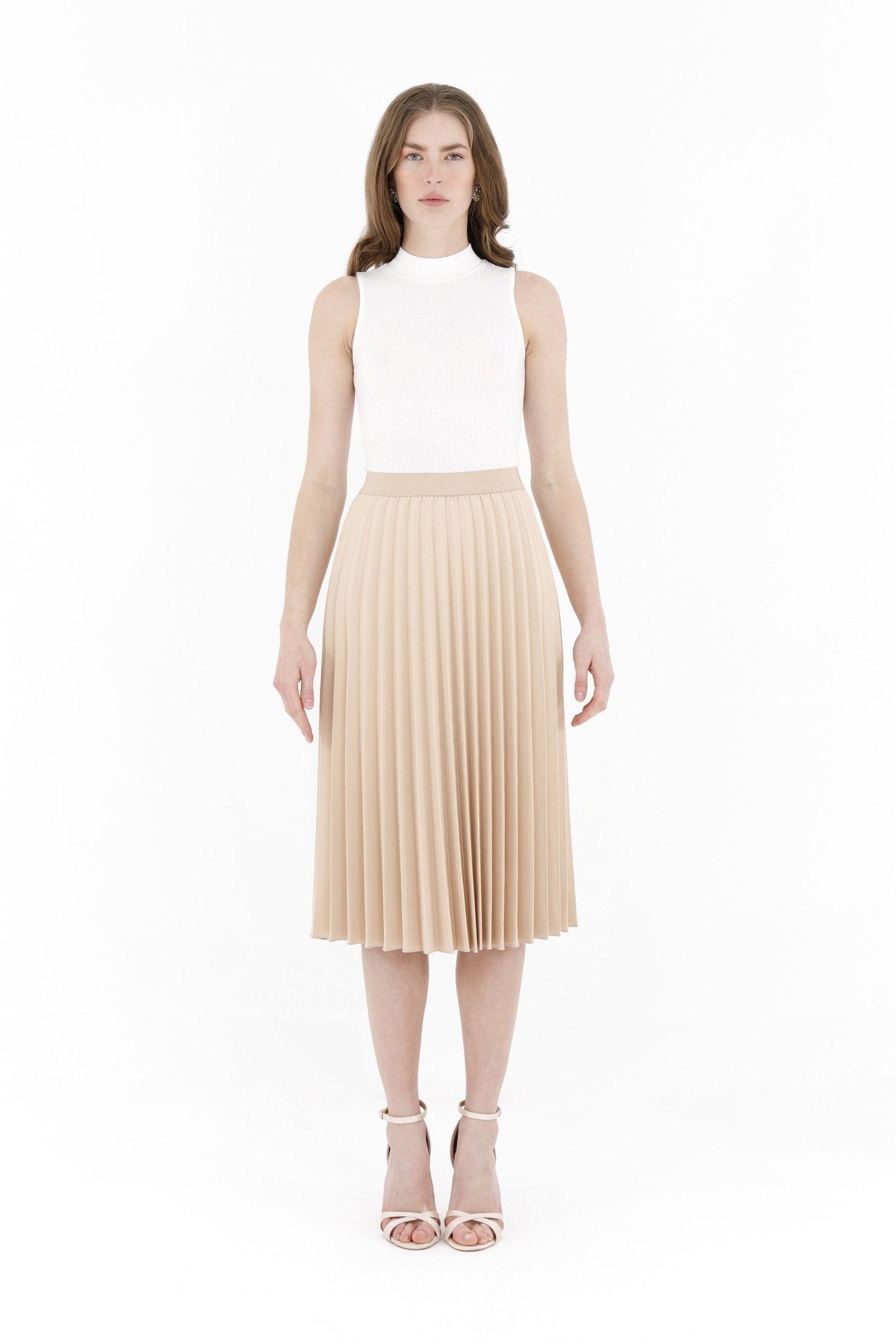 Stone Pleated Skirt  High Waist Elastic Waist Band Midi Skirt G-Line