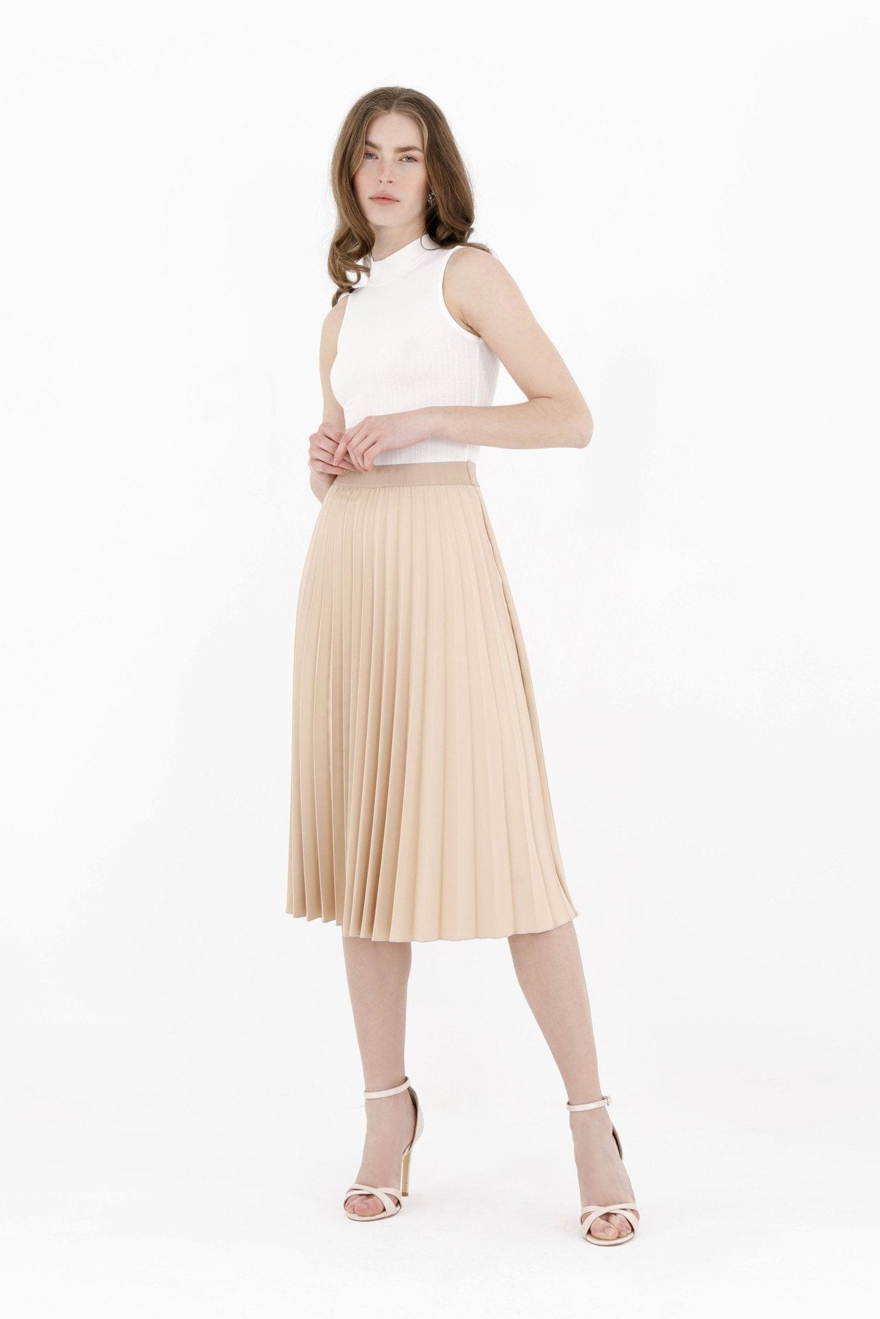 Stone Pleated Skirt  High Waist Elastic Waist Band Midi Skirt G-Line