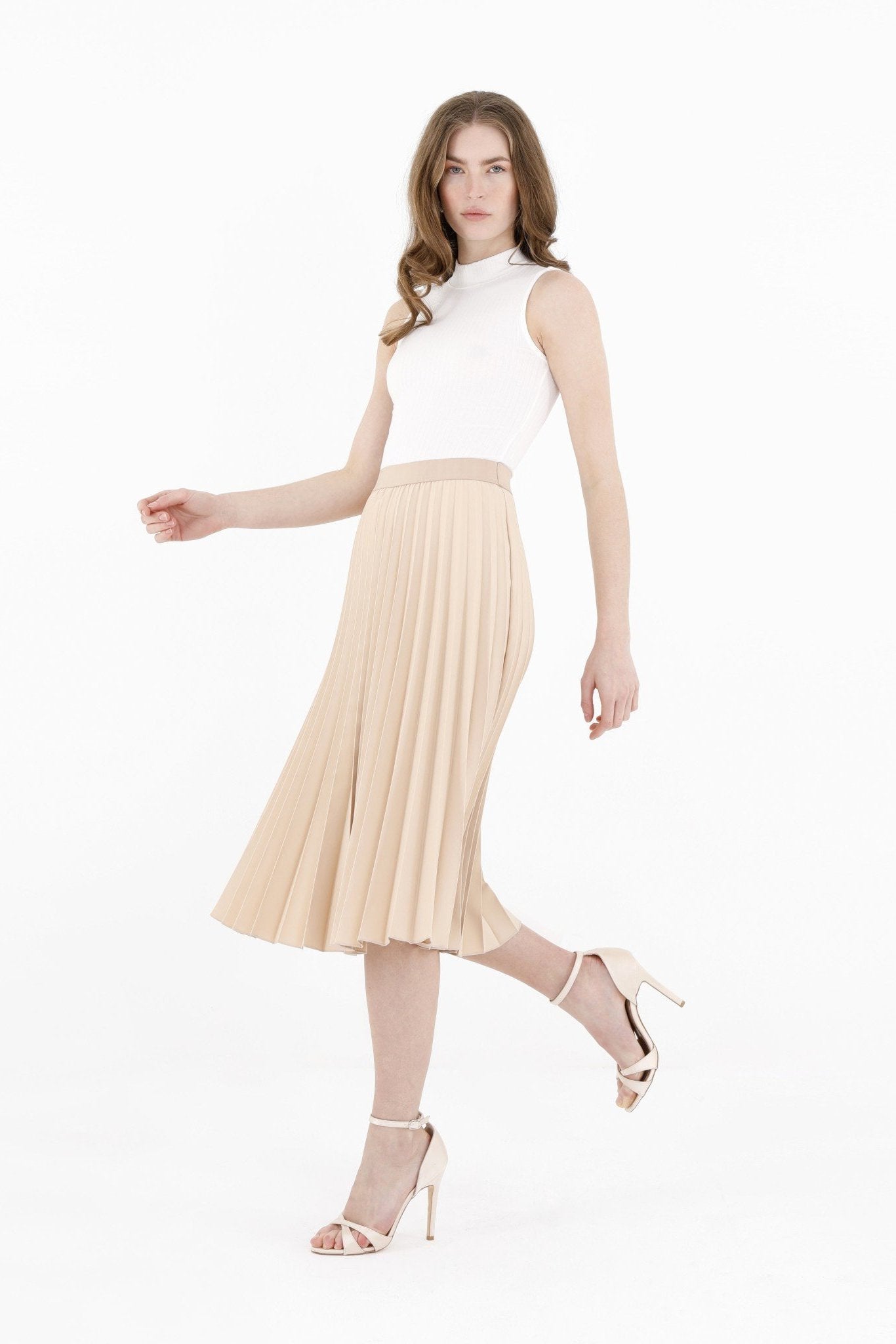 Stone Pleated Skirt  High Waist Elastic Waist Band Midi Skirt G-Line