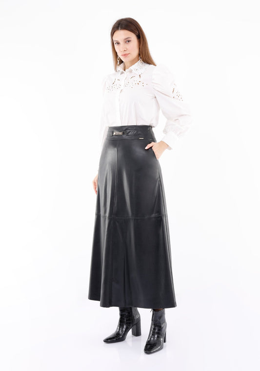 Vegan Leather Maxi Black Skirt with Pockets and Metal Accessories Around Waist Guzella