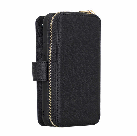 iPhone 12-12 Pro Zipper Full Grain Leather Wallet Case Purse with Phone Holster Bayelon