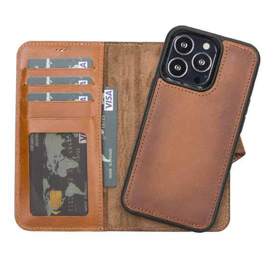 iPhone 13 Pro Compatible Detachable Full Grain Leather Wallet Case with Kickstand Feature Bayelon