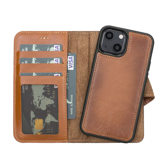 Personalized iPhone 13 Mini Compatible Detachable Full Grain Leather Wallet Case with Kickstand Feature Bayelon